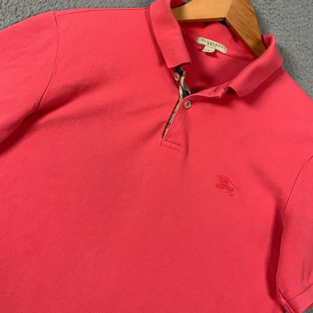 Burberry Brit Pique Polo Shirt Men's Small S Coral Pink Nova Check Trim Luxury